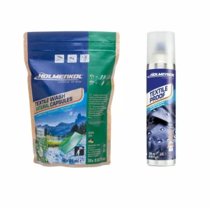 Pachet detergent Holmenkol Textile Wash Natural Capsules si solutie impermeabilizare imbracaminte Holmenkol Textile Proof, 250 ml
